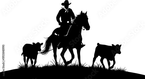 A vector silhouette of a working ranch cowboy on a horse with two young cows.