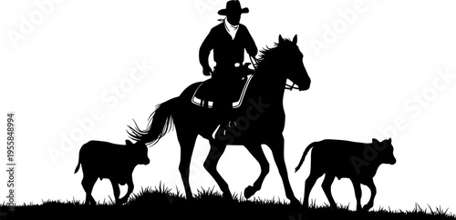A vector silhouette of a working ranch cowboy on a horse with two young cows.