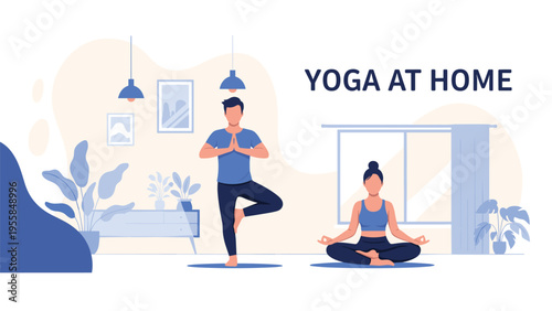 Young active couple practices yoga at home in a bright living room with one person doing tree pose and the other in meditation.