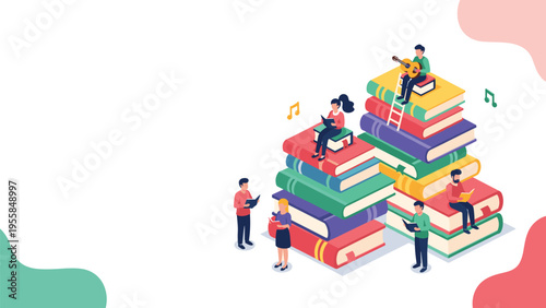Creative learning concept features small figures of people reading and playing music on top of giant stacks of colorful school books.