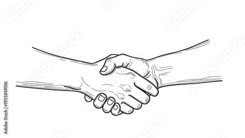 Realistic hand drawn sketch of two people shaking hands representing partnership, agreement, and business cooperation on a white background.