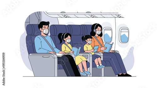 Family with children wearing protective face masks while sitting in airplane seats during a flight travel journey in the pandemic era new normal.