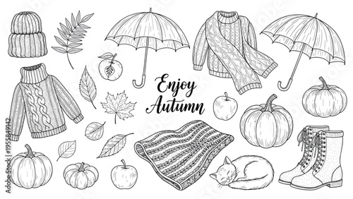 Collection of hand drawn autumn elements featuring sweaters, pumpkins, apples, umbrellas, leaves, and a sleeping cat for seasonal fall designs.