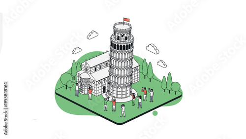 Isometric illustration of the Leaning Tower of Pisa and the cathedral with tourists taking pictures in Italy for travel and tourism marketing.
