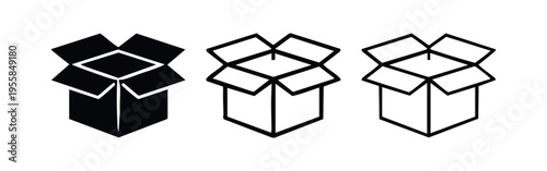Hand Drawn Open Box Icon Set. Black and White Doodle Style Delivery, Unboxing, and Product Package Symbols.