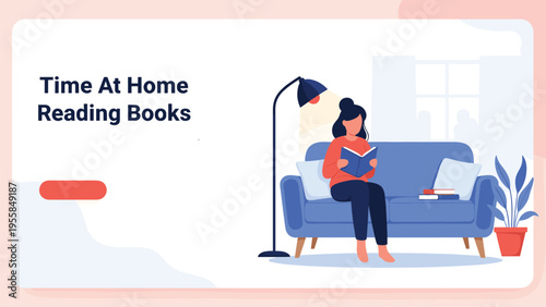 Young woman relaxing on a comfortable blue sofa and reading a book under a floor lamp in a cozy living room at home during leisure time.