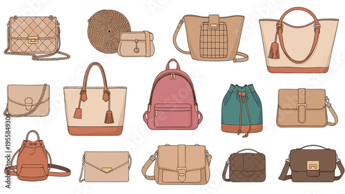 Stylish collection of various women handbags, backpacks, and clutches in different shapes and shades of beige and brown for fashion design.