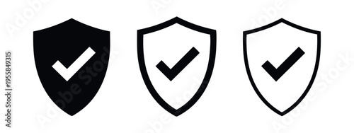 Security Shield with Checkmark Icon Set - Protection, Verification and Safety Symbols in Flat Design