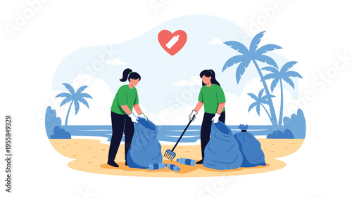 Volunteers cleaning up plastic waste on a tropical beach with palm trees to protect the environment and ocean life.