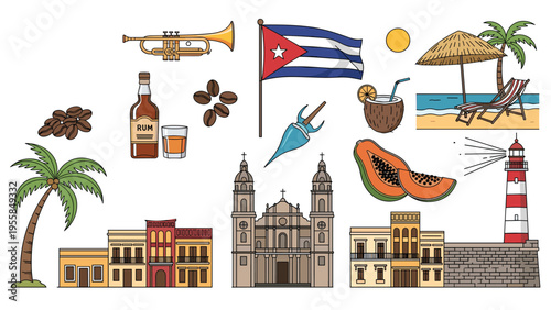 Colorful collection of Cuba travel icons including a flag beach palm trees rum coffee papaya and colonial buildings.