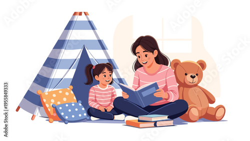 Mother reading a book to her little daughter sitting on the floor in a cozy room with a play tent and a teddy bear.