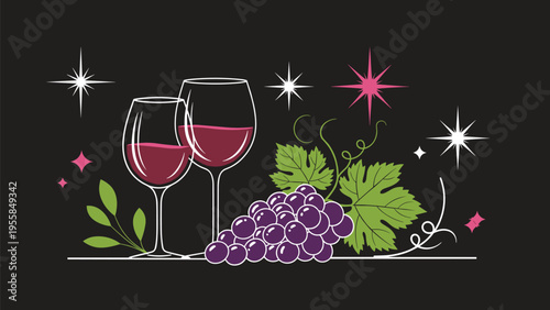 Elegant wine illustration with two glasses of red wine a bunch of purple grapes and sparkling stars on a dark background.