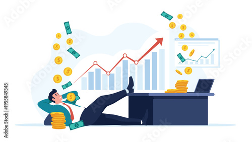 Successful businessman relaxing at his desk with falling money and a rising growth chart showing high financial profit.