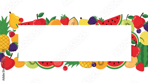 Colorful frame border made of various fresh fruits like apple pineapple watermelon and berries around a white rectangle.