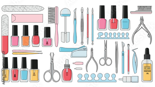 Professional manicure and pedicure tools set including nail polish bottles files scissors clippers and various brushes.