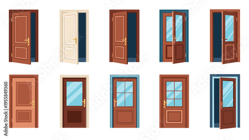 Collection of wooden doors with glass panels shown in various states of being open and closed on a white background.