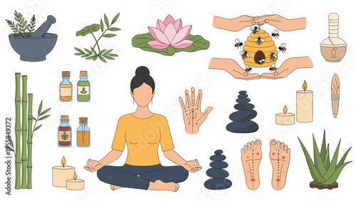 Holistic health and wellness collection with a woman meditating aromatherapy plants lotus flower and massage stones.