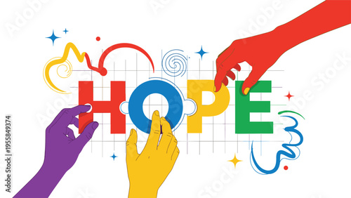 Colorful hands of diverse people putting together a jigsaw puzzle that spells the word hope on a white background.