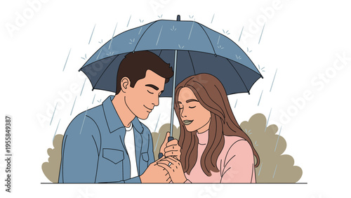 Romantic young couple sharing a blue umbrella while standing close together in the rain in an outdoor park setting.