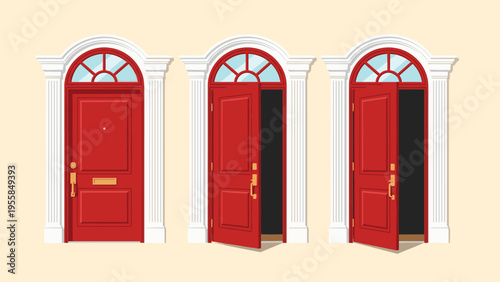 Illustration of three classic red front doors with arched windows and white pillars in various stages of opening.