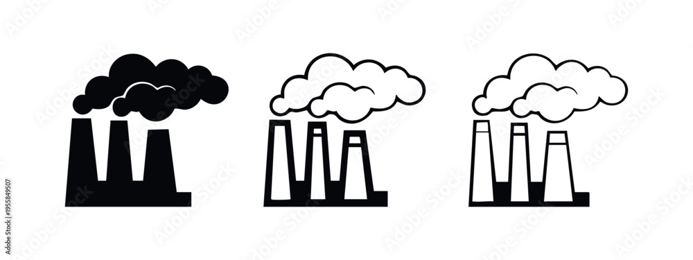 Obraz premium Factory chimneys emitting smoke icon set, representing industrial production and environmental impact.