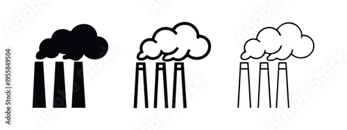 Industrial factory smokestacks icon set, symbolizing air pollution and environmental concerns.