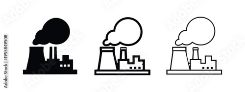 Industrial factory building icons with smoke, symbolizing pollution, manufacturing, and industry impact.