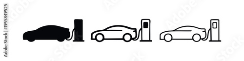 Electric car at charging station icon set, depicting EV infrastructure and sustainable transportation.