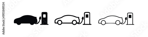 Electric car charging icon set, illustrating EV technology and sustainable energy solutions.