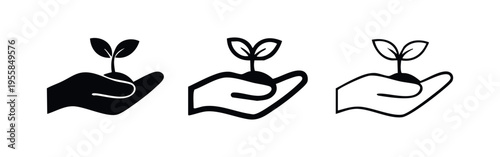Hand holding small plant sprout icon set, environmental care and growth symbols