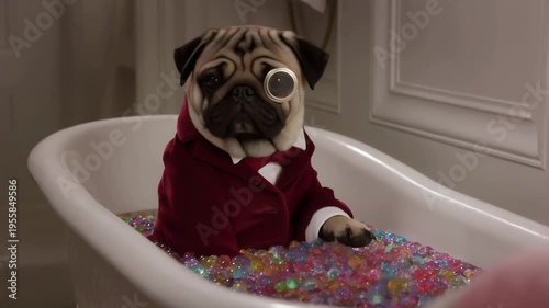 Pug dog in bathtub with monocle and colorful beads