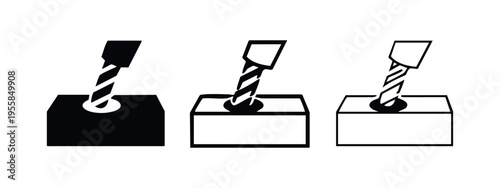 Drill bit making a hole icon set in solid, outline, and thin outline styles, symbolizing drilling work.
