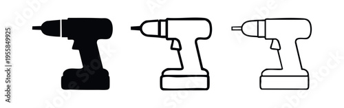 Cordless drill power tool icon set in solid, thick outline, and thin outline styles.