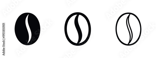 Coffee bean icon set in solid, outline, and thin line styles, perfect for coffee shop branding.