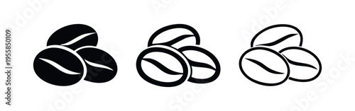 Multiple coffee beans icon set with solid and outline variations for various uses.