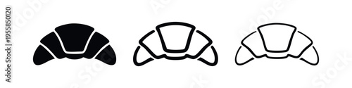 Croissant icon set in solid, outline, and thin outline styles. Bakery, breakfast, and food vector symbols.
