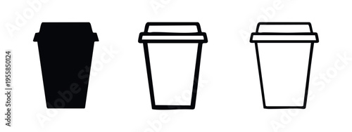 Takeaway coffee cup icon set in solid, outline, and thin outline styles. Disposable beverage cup symbols.