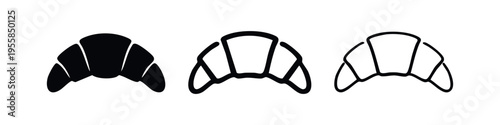 Croissant bread icon set in solid and outline versions, suitable for culinary projects.