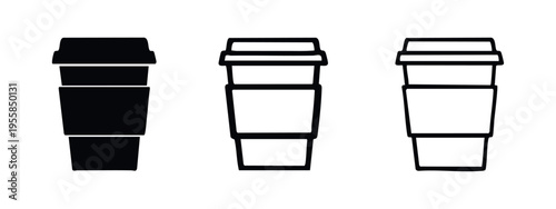 Takeaway coffee cup with sleeve icon set in solid, outline, and thin outline styles. Disposable beverage symbols.