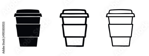Tall takeaway coffee cup with sleeve icon set in solid, outline, and thin outline styles. Beverage symbols.