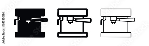 Espresso coffee machine icon set in solid, outline, and thin outline styles. Barista equipment symbols.
