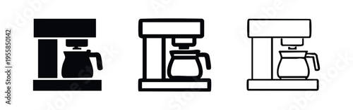 Drip coffee maker with carafe icon set in solid, outline, and thin outline styles. Kitchen appliance symbols.