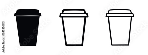 Tall takeaway coffee cup icon set in solid, outline, and thin outline styles. Disposable beverage symbols.