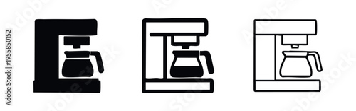 Side view drip coffee maker with carafe icon set in solid, outline, and thin outline styles. Appliance symbols.