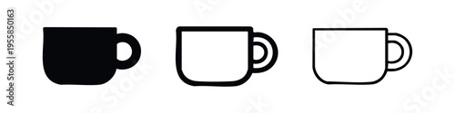 Coffee mug icon set with handle in solid, outline, and thin outline styles. Beverage cup symbols.