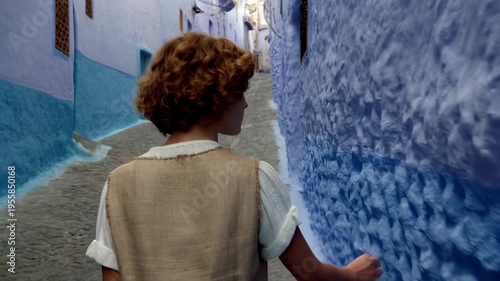 Woman touching blue textured alley wall