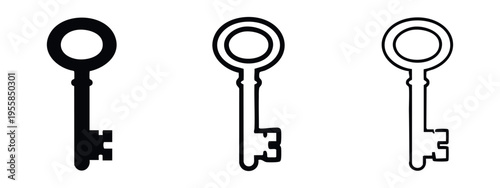 Elegant vintage key icon set, a classic old master key symbol in solid and outline styles for security and access.