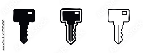 Rounded modern key icon set, a contemporary house or car key symbol in solid and outline styles for security access.