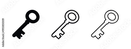 Angled classic key icon set, a diagonal antique skeleton key symbol in solid and outline styles. Vintage access pictogram.