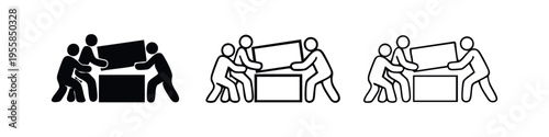 Teamwork Icons: People Collaborating to Lift and Move Objects